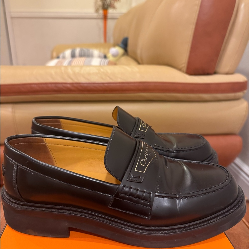 Dior Black Leather Men's Loafers with Gold Logo - Picture 3 of 6